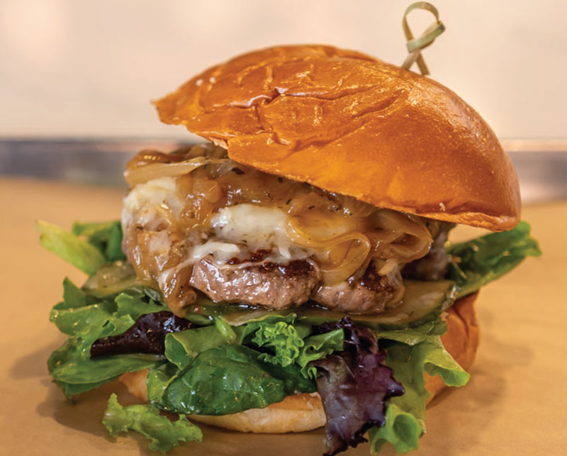 belly goat burger, drunken onion