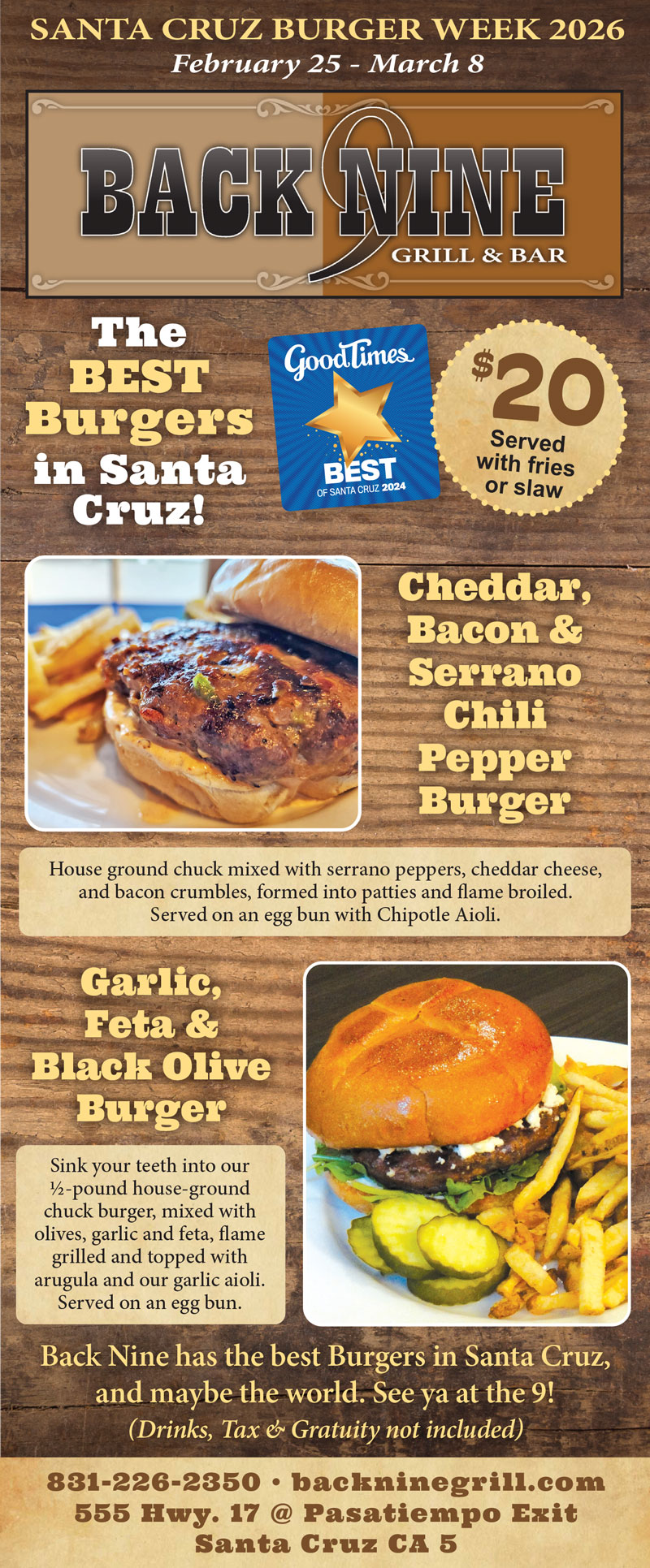 back nine grill & bar, santa cruz burger week specials