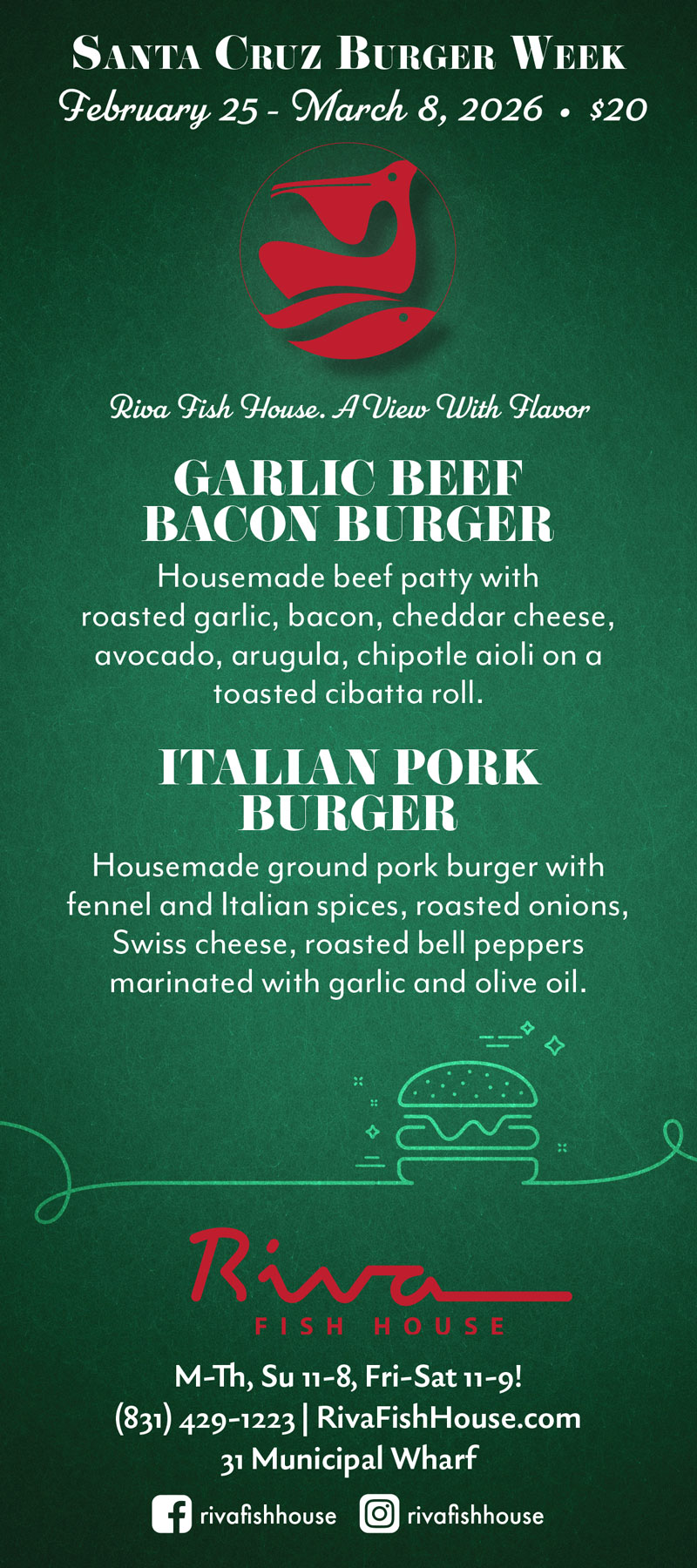 riva fish house, santa cruz burger week specials
